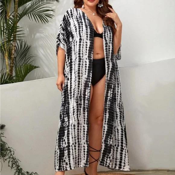 Boho Plus Size Tie Dye Ombre Print Kimono Cover Up Cardi - Picture 5 of 6